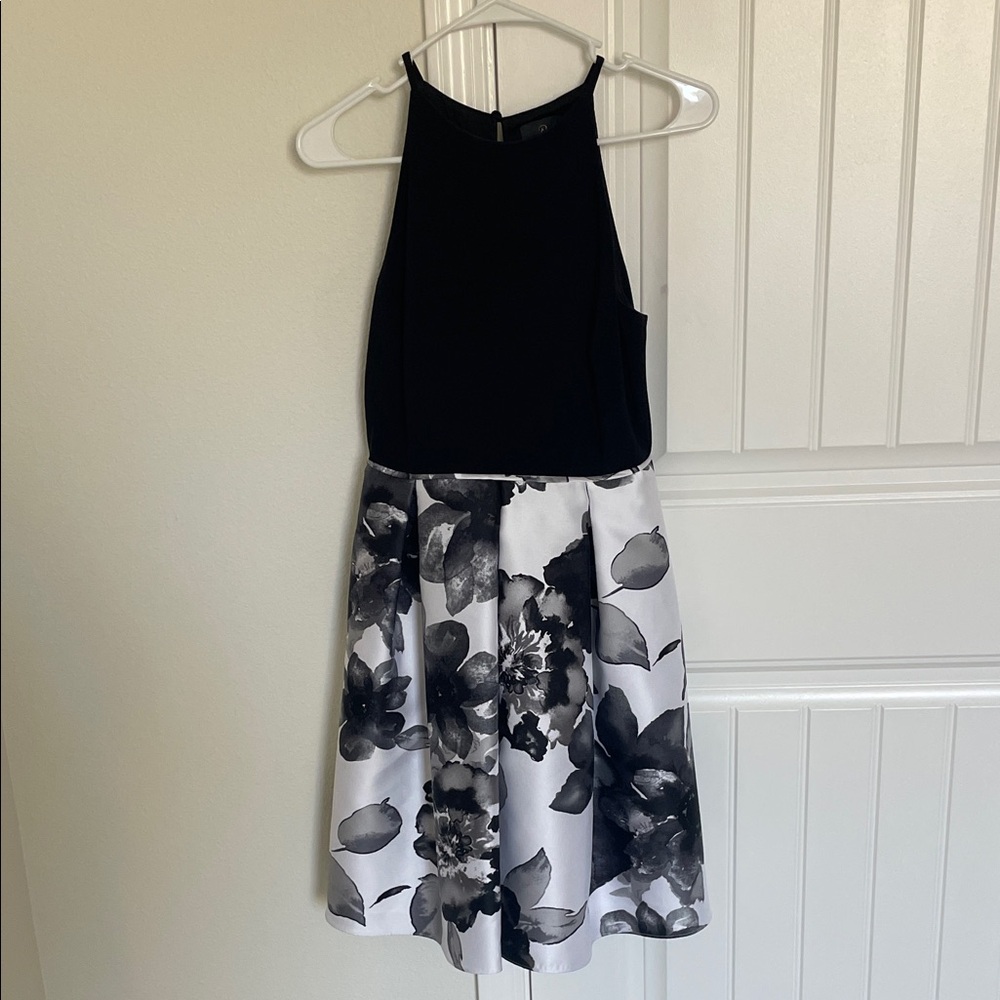 Adrianna Papell Black and White Floral Halter Dress